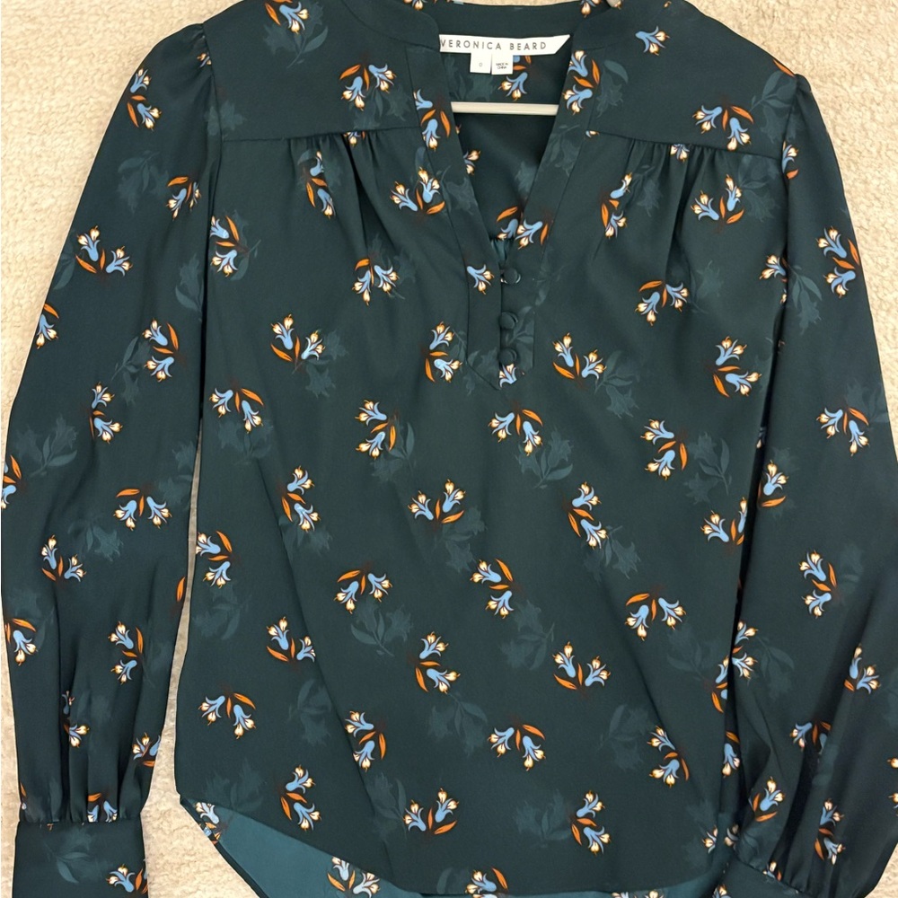 Veronica Beard Green Floral Long-Sleeve V-Neck Blouse